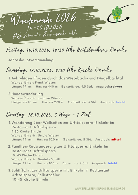 Een evenementposter voor de wandelweek 2026 met informatie over wandelingen, data en moeilijkheidsgraden. Gegevens over ontmoetingspunten en activiteiten in de omgeving van Eudorf worden getoond.