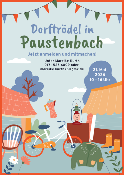 Ein farbenfrohes Plakat für den Dorfrödel in Paustenbach. Es zeigt eine gemütliche Atmosphäre mit Ständen, Fahrrädern und verschiedenen Gegenständen.