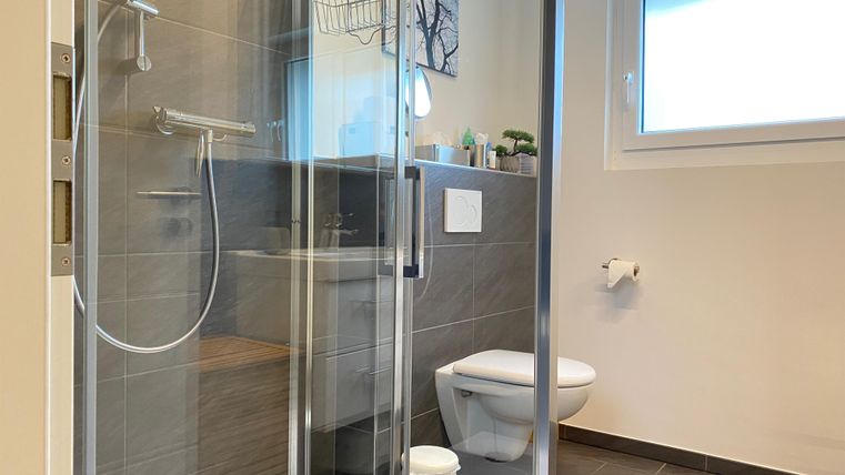Een moderne badkamer met een inloopdouche en een toilet. Grote ramen zorgen voor natuurlijk licht.