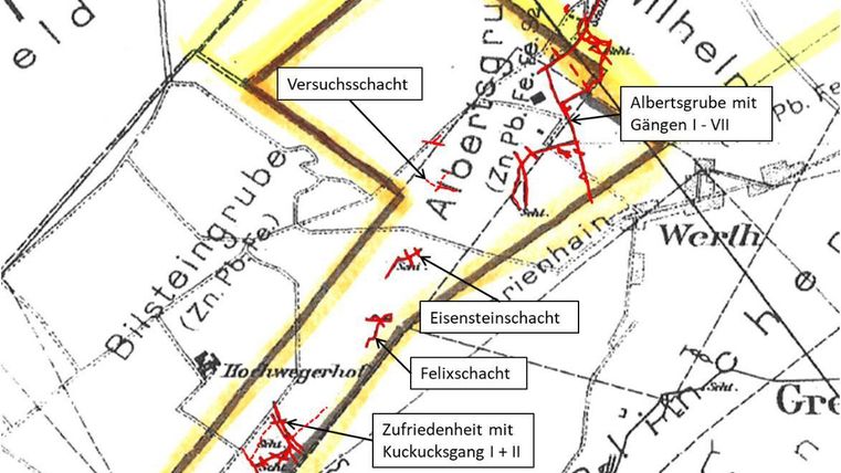 Eine historische Karte mit verschiedenen Bergwerksstandorten. Die wichtigsten Schachtanlagen sind beschriftet und durch gelbe Linien hervorgehoben.
