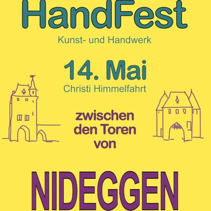 Ein bunte Ankündigung für das HandFest in Nideggen. Es findet am 14. Mai zwischen den Toren statt und bietet Kunst- und Handwerksstände.