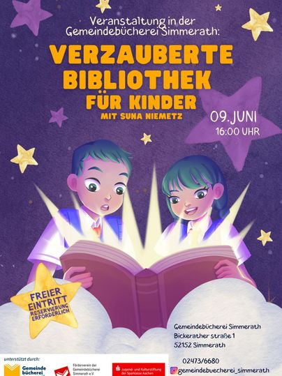 A colorful invitation to the event "Enchanted Library for Children". The graphic shows two children, fascinated by a book, surrounded by stars.