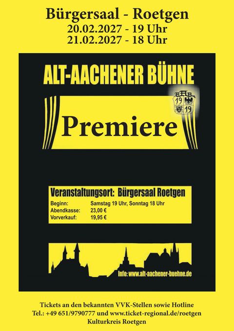 An event poster for the Alt-Aachen stage with dates on February 28 and March 1, 2026. The venue for the event is the Bürgersaal in Roetgen.
