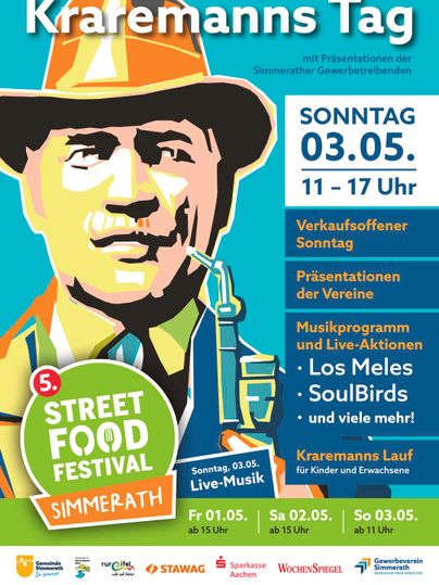 Ein buntes Plakat für den Kramermannstag mit Informationen zu Veranstaltungen. Darauf ist eine stilisierte Figur mit Hut und einer Zigarre abgebildet.