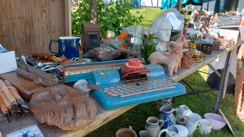 Een tafel vol antiquiteiten en rommel, waaronder een oude typewriter, keramische bekers en verschillende figuren. De tafel staat buiten, omgeven door groen.