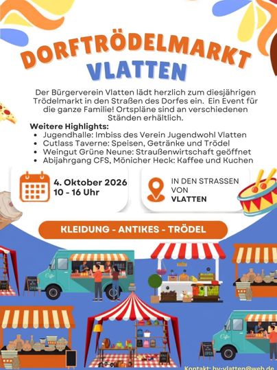 Een kleurrijke poster voor de dorpsrommelmarkt in Vlatten. Het toont kramen met kleding, antiek en rommel, evenals informatie over het evenement op 4 oktober 2026.