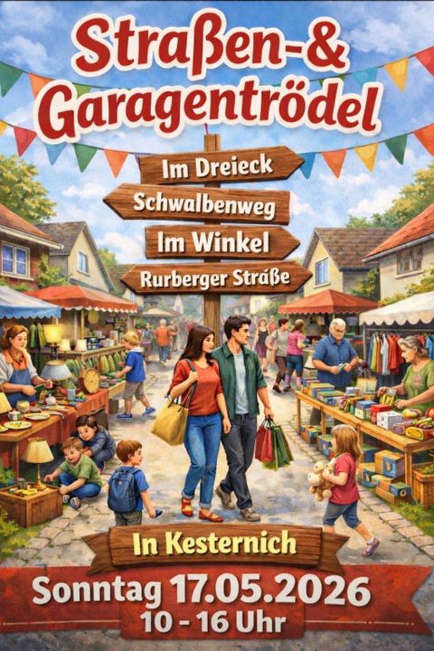 Ein farbenfrohes Straßenfest mit Ständen und Menschen, die verschiedene Waren verkaufen. Bunte Wimpel schmücken die Straßen und schaffen eine fröhliche Stimmung.