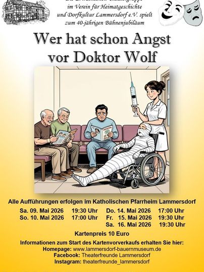 Ein Theaterplakat für die Aufführung "Wer hat schon Angst vor Doktor Wolf". Es zeigt eine humorvolle Szene mit verschiedenen Charakteren in einem Warteraum.