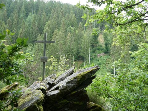 Ein ruhiger Wald mit dichten Bäumen und einem einfachen Holzkreuz im Vordergrund. Die Umgebung ist grün und friedlich.