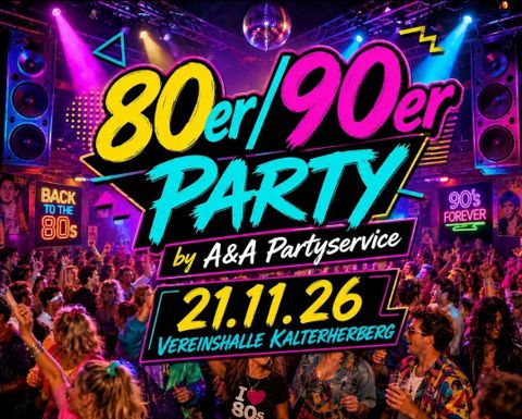 Eine bunte 80er/90er Party mit vielen Menschen, die tanzen und feiern. Lautstarke Musik und leuchtende Lichter schaffen eine ausgelassene Atmosphäre.