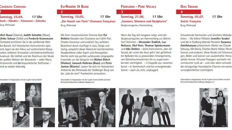 Ein Informationsblatt mit verschiedenen Veranstaltungen, inklusive Zeiten und Beschreibungen. Es zeigt Bilder von Teilnehmern und Details zu den Aktivitäten.