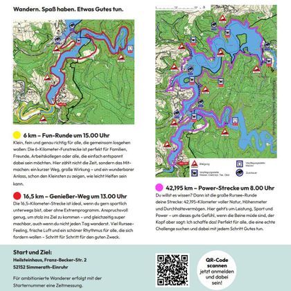 Eine Übersichtskarte mit verschiedenen Wanderstrecken und Informationen zu Veranstaltungen. Die Routen sind farblich gekennzeichnet und Beschreibungen sind für Teilnehmer enthalten.
