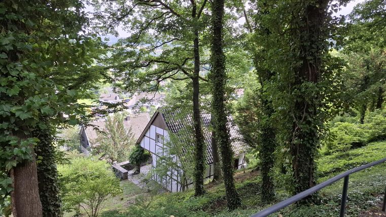 Ein malerisches Haus umgeben von üppigem Grün und Bäumen. Die Aussicht auf die Umgebung ist ruhig und einladend.