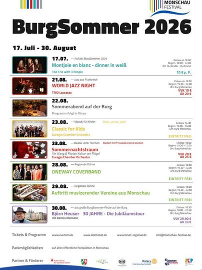 Une affiche pour le festival BurgSommer 2026 à Monschau. Elle présente différentes dates et événements du 17 juillet au 30 août.