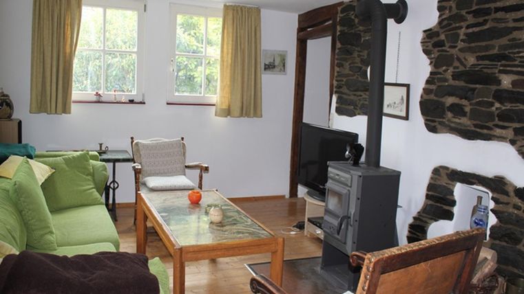 Ein gemütliches Wohnzimmer mit einem Holzofen und einer großen Fensterfront. Die Einrichtung umfasst bequeme Sofas und einen Holztisch.