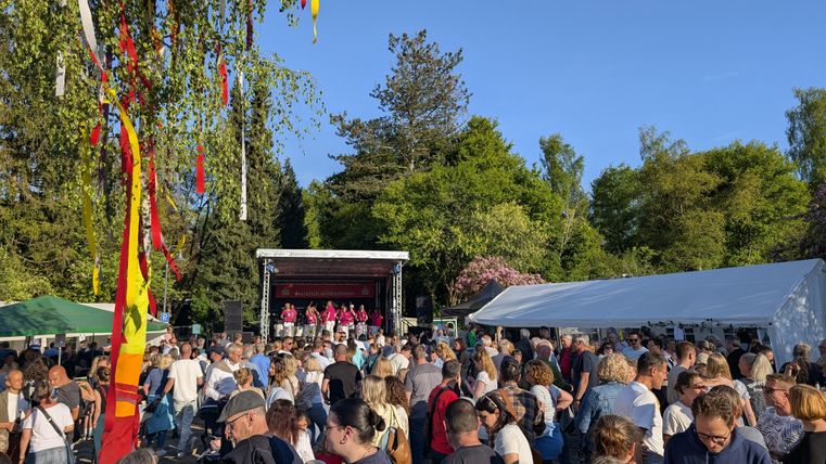 Eine große Menschenmenge versammelt sich auf einem Fest im Freien. Im Hintergrund spielt eine Band auf einer Bühne, umgeben von grünen Bäumen.