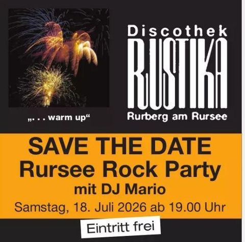 An event poster for the "Rursee Rock Party" with DJ Mario. The date is Saturday, the 18th of July 2026, and admission is free.