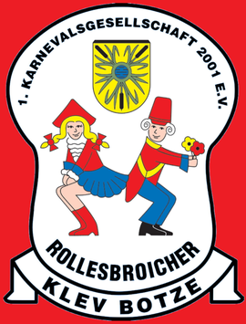 Ein bunter Logo der Karnevalsgesellschaft mit fröhlichen Figuren in Kostümen. Das Design zeigt eine Tänzerin und einen Trommler in festlicher Aufmachung.