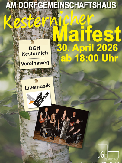 Ein Plakat für das Kesternicher Maifest am 30. April 2026. Es zeigt Informationen über den Veranstaltungsort, die Uhrzeit und die Livemusik mit einer Band.