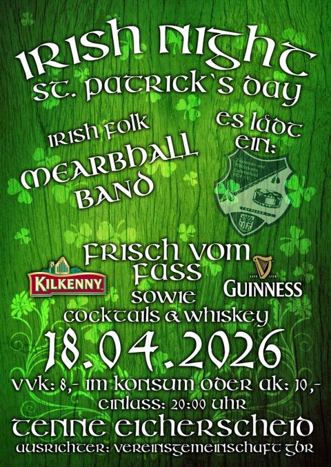 Ein Plakat für eine irische Nacht zum St. Patrick's Day. Es zeigt Details zu einer Veranstaltung mit einer Folkband, Getränken und dem Datum.