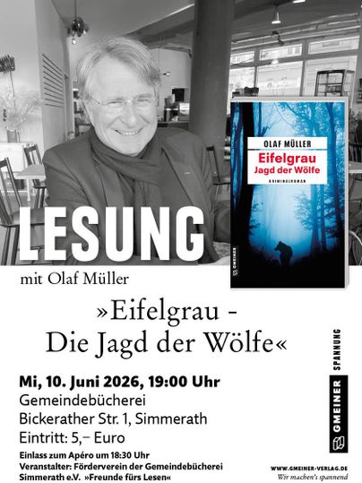 Une affiche pour une lecture avec Olaf Müller. Elle montre la couverture du livre « Eifelgrau - La Chasse des Loups » et des détails sur l'événement.