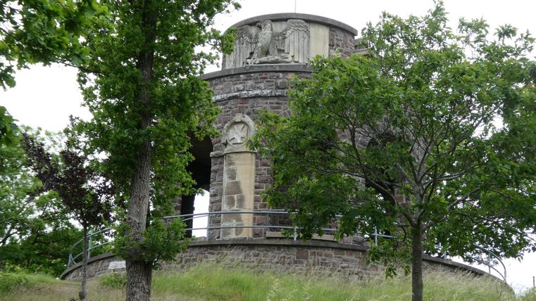 Ein historischer Aussichtsturm umgeben von Bäumen. Die Landschaft ist grün mit hohem Gras.