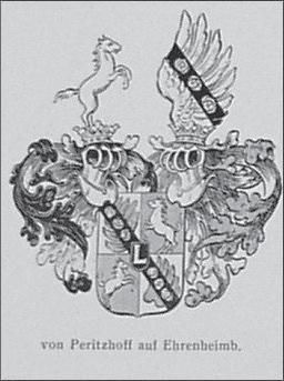 Un blason composé d'un écusson flanqué de deux chevaux et de deux aigles. En dessous, on peut lire l'inscription « von Peritzhoff auf Ehrenbeimb. ».