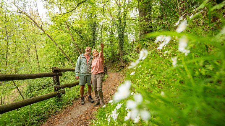 Un couple se tient souriant sur un sentier de randonnée dans une forêt verte. Autour d'eux, des fleurs blanches fleurissent et l'atmosphère est fraîche et accueillante.
