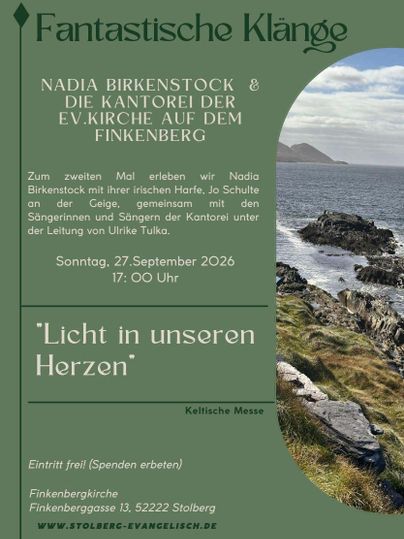 Ein Veranstaltungsposter für ein Konzert mit Nadia Birkenstock und der Kantorei der Evangelischen Kirche. Das Thema ist "Licht in unseren Herzen" und es findet am 27. September 2026 statt.