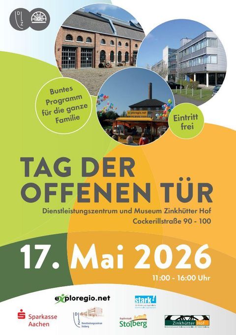 Ein Plakat für den Tag der offenen Tür im Dienstleistungszentrum und Museum Zinkhütter Hof. Das Event findet am 17. Mai 2026 statt und bietet ein buntes Programm für die ganze Familie.