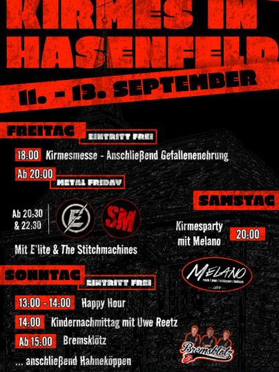 Une affiche pour la foire à Hasenfeld du 11 au 13 septembre. Elle présente différents événements et horaires pour vendredi, samedi et dimanche.