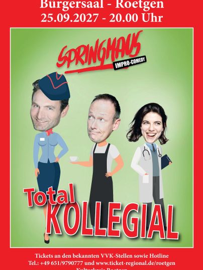 A poster-like image for an improv comedy event titled "Totally Collegial." It features three humorous characters exuding a relaxed atmosphere, as well as information about the date and location.