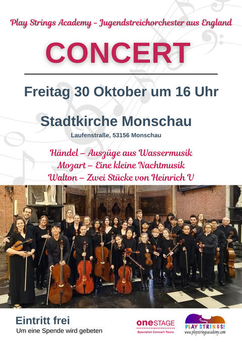 Ein Konzert der Play Strings Academy in der Stadt¬kirche Monschau. Auf dem Bild sind zahlreiche Musiker mit ihren Instrumenten zu sehen.