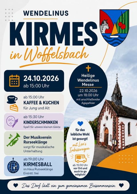 Eine Werbung für die Kirmes in Woffelsbach am 24. Oktober 2026. Das Fest bietet Kaffee und Kuchen, Kinderschminken und einen Kirmesball.