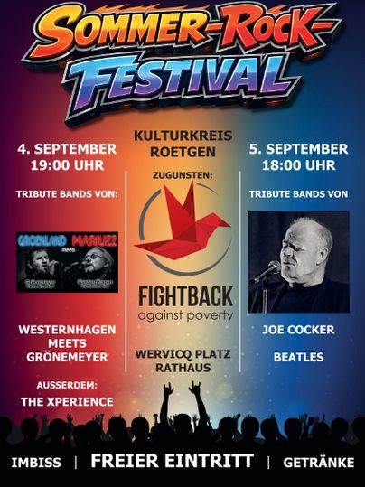 Ein Plakat für das Sommer-Rock-Festival mit Informationen zu den Veranstaltungen am 4. und 5. September. Es zeigt Tribute-Bands und einen Hinweis auf die Unterstützung von "Fightback against poverty".