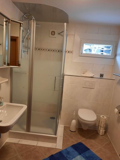 Ein modernes Badezimmer mit einer Dusche, einem Waschbecken und einer Toilette. Die Wände sind hell gefliest und es liegt ein blauer Teppich auf dem Boden.