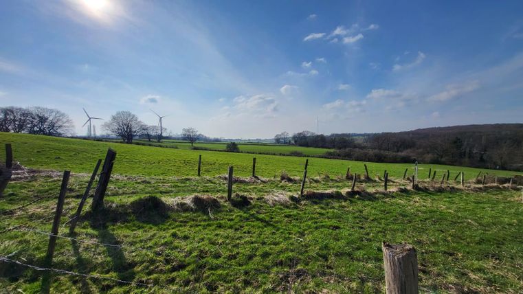 Un vaste paysage verdoyant avec des collines douces et un ciel bleu clair. En arrière-plan, des éoliennes sont visibles.