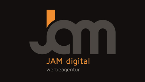 Ein Logo von JAM digital, das die Worte "Dein Partner für den digitalen Erfolg" enthält. Die Farben sind Blau, Orange und Weiß.
