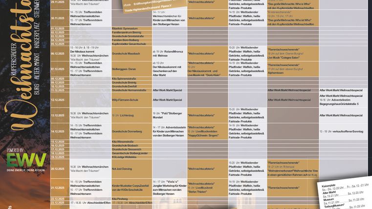 Ein Veranstaltungsplan für die Weihnachtsfeiertage. Die Übersicht zeigt verschiedene Veranstaltungen mit Zeiten und Beschreibungen.