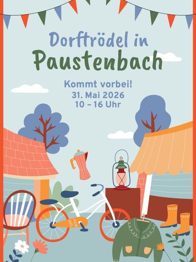 A colorful poster for a village flea market in Paustenbach. It depicts a cozy scene with bicycles, a coffee pot, and colorful huts.