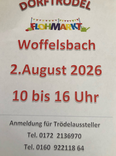 Ein Flyer für einen Flohmarkt in Woffelsbach am 2. August 2026. Der Markt findet von 10 bis 16 Uhr statt.