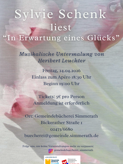 Ein Eventplakat für eine Lesung von Sylvie Schenk mit dem Titel "In Erwartung eines Glücks". Es enthält Informationen über Datum, Uhrzeit, Ort und Ticketpreise.