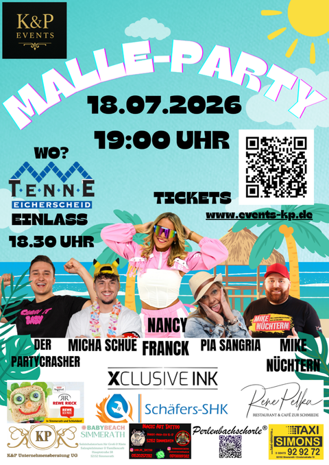Eine bunte Partyeinladung für die Malle-Party am 18. Juli 2026. Die Veranstaltung findet in der Tenne Eicherscheid statt und zeigt eine gemütliche Atmosphäre mit fröhlichen Charakteren.