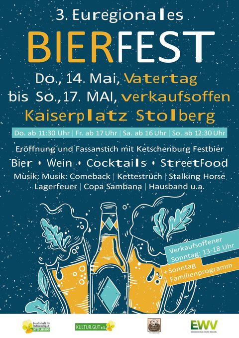 Ein Plakat für das 3. Euregionalen Bierfest in Stolberg. Es zeigt Informationen zu Datum, Uhrzeit, Veranstaltungen und Angeboten wie Bier, Wein und Streetfood.