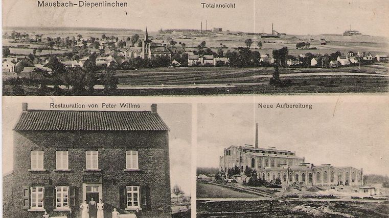 Een historisch aanzicht van Mausbach-Diepenlinchen met een totaalbeeld van het landschap. Onderaan zijn op de foto’s een restaurant en een nieuw gebouw te zien.