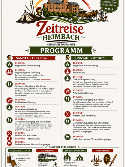 An event program for the time travel in Heimbach. It shows dates and activities for Saturday and Sunday, including children's offerings.