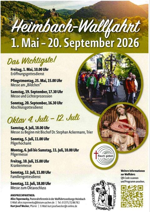 Un avis d'événement pour le pèlerinage de Heimbach du 1er mai au 20 septembre 2026. Des dates pour des services religieux et des processions sont indiquées.