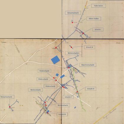 Une carte historique avec différents emplacements marqués et désignations. La carte montre des routes et des points qui peuvent représenter des lieux significatifs.