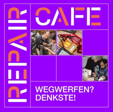 De afbeelding toont een Repair Café met verschillende foto's van mensen die repareren en knutselen. De slogan „Weggooien? Denk je!” bevordert duurzaamheid en reparaties in plaats van weggooien.