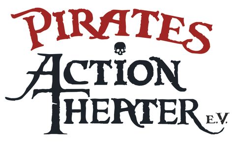 Ein Logo mit dem Text "Pirates Action Theater e.V." in einem abenteuerlichen Schriftstil. Die Farben sind Schwarz und Rot, mit einem Skull-Symbol.